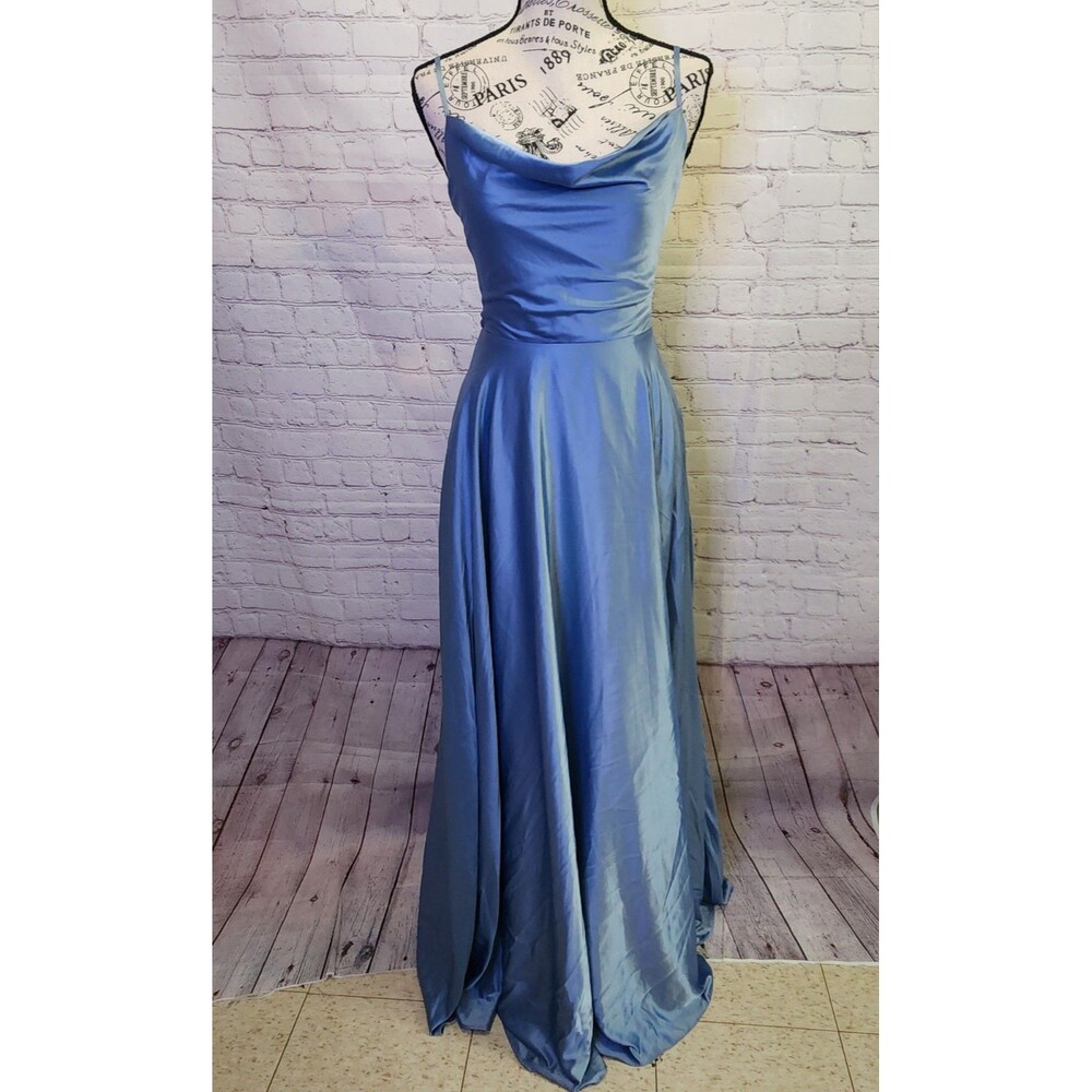 B. Darlin Floor Length Gown Womens 3 Blue Satin Cowlneck Lace-up Back Flattering - Picture 3 of 15